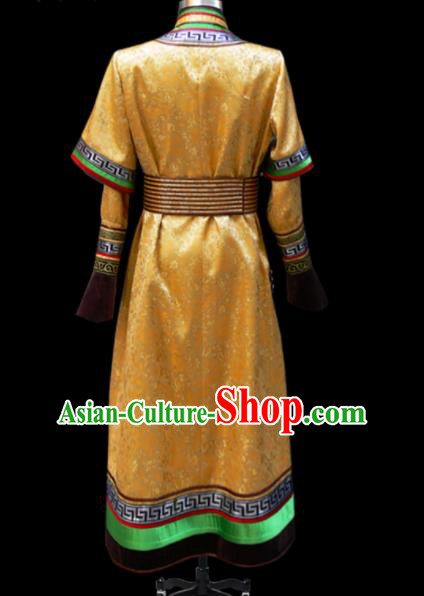 Chinese Traditional Mongol Ethnic National Golden Brocade Robe Mongolian Minority Folk Dance Costume for Men