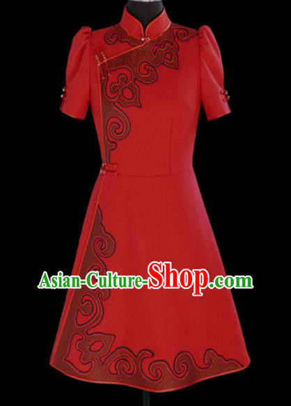 Traditional Chinese Mongol Ethnic National Red Short Dress Mongolian Minority Folk Dance Costume for Women