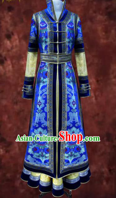 Traditional Chinese Mongol Ethnic National Royalblue Brocade Dress Mongolian Minority Folk Dance Costume for Women