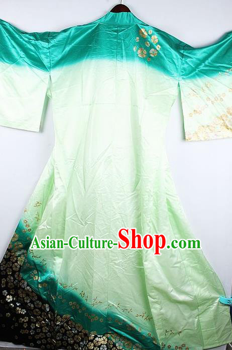 Japanese Traditional Geisha Printing Sakura Green Furisode Kimono Asian Japan National Yukata Dress Costume for Women