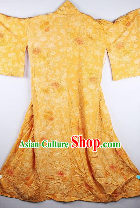 Japanese Traditional Geisha Printing Chrysanthemum Yellow Furisode Kimono Asian Japan National Yukata Dress Costume for Women