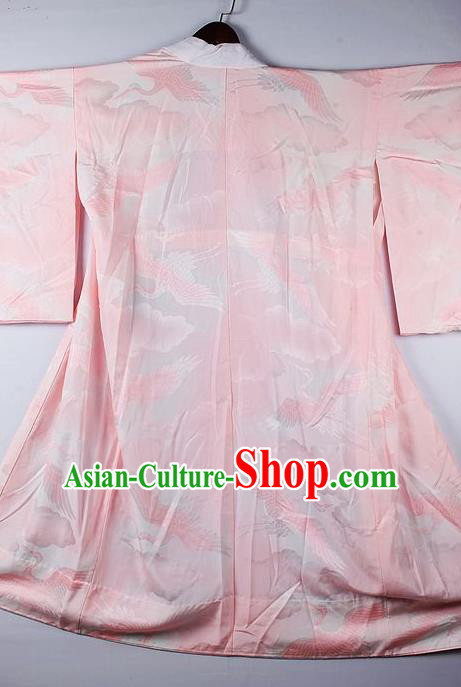 Japanese Traditional Ceremony Costume Printing Cranes Pink Furisode Kimono Asian Japan National Yukata Dress for Women