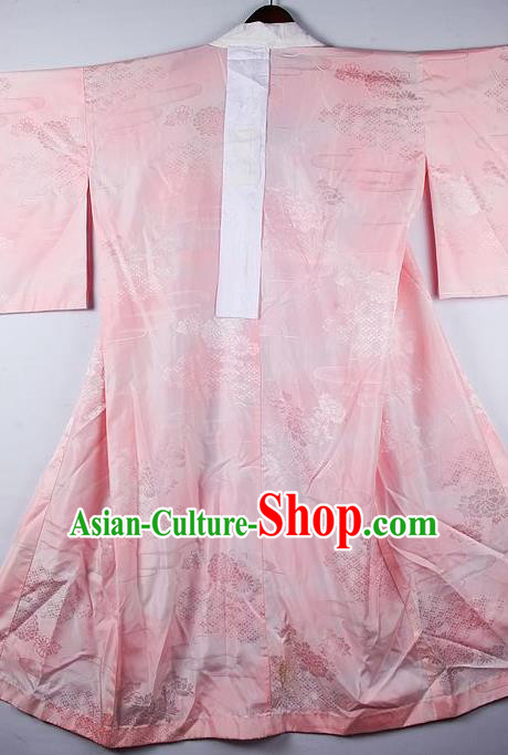 Japanese Traditional Ceremony Costume Printing Chrysanthemum Pink Furisode Kimono Asian Japan National Yukata Dress for Women