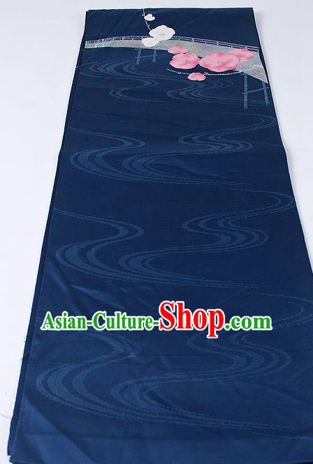 Japanese Kimono Classical Plum Pattern Design Navy Brocade Belt Asian Japan Traditional National Yukata Waistband for Women