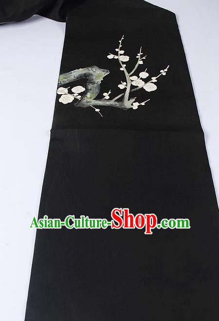 Japanese Kimono Classical Plum Blossom Pattern Design Black Brocade Belt Asian Japan Traditional National Yukata Waistband for Women