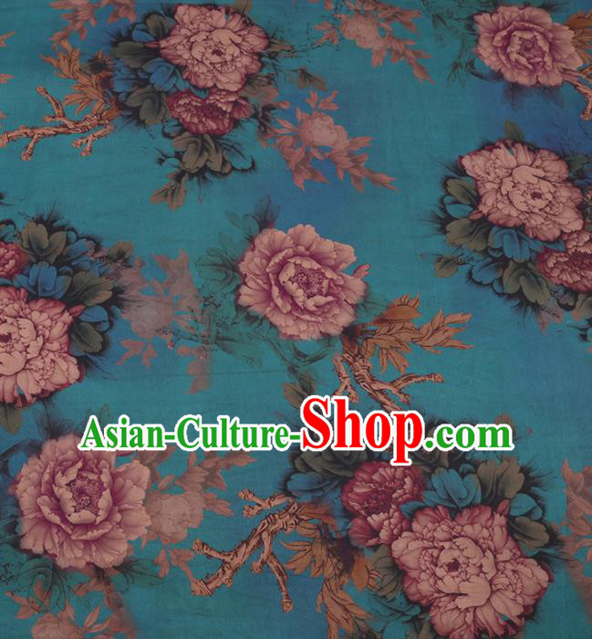 Traditional Chinese Classical Peony Pattern Design Blue Gambiered Guangdong Gauze Asian Brocade Silk Fabric