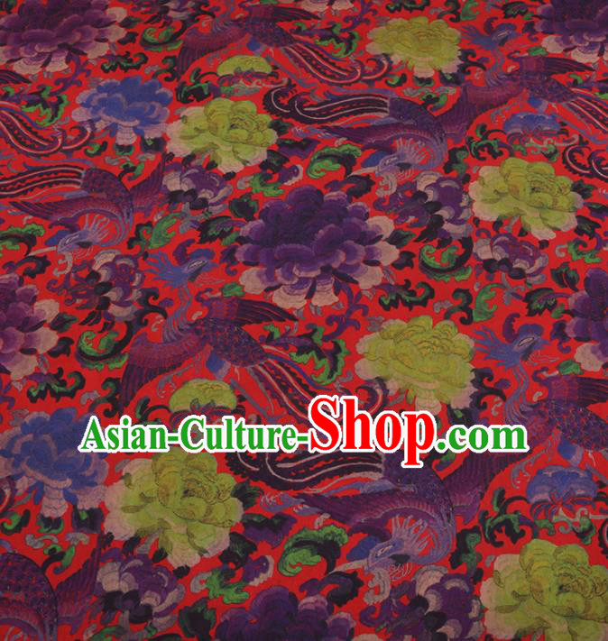 Traditional Chinese Classical Phoenix Peony Pattern Design Red Gambiered Guangdong Gauze Asian Brocade Silk Fabric