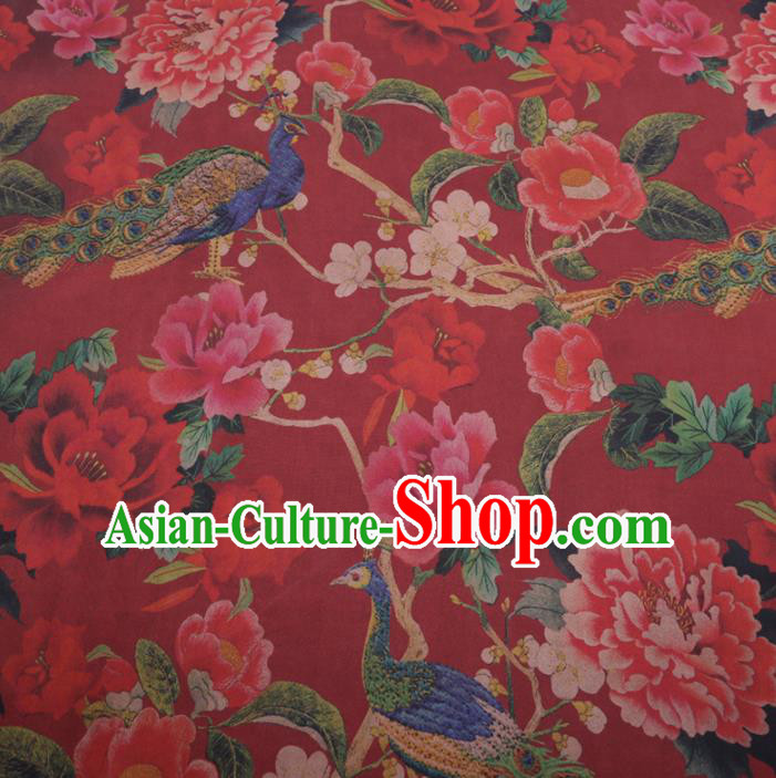 Traditional Chinese Classical Peacock Peony Pattern Design Red Gambiered Guangdong Gauze Asian Brocade Silk Fabric