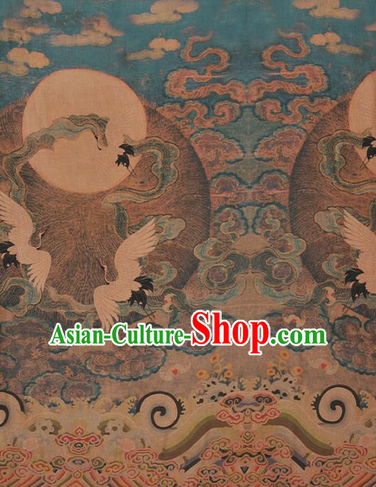 Chinese Traditional Classical Cranes Pattern Design Blue Gambiered Guangdong Gauze Asian Brocade Silk Fabric