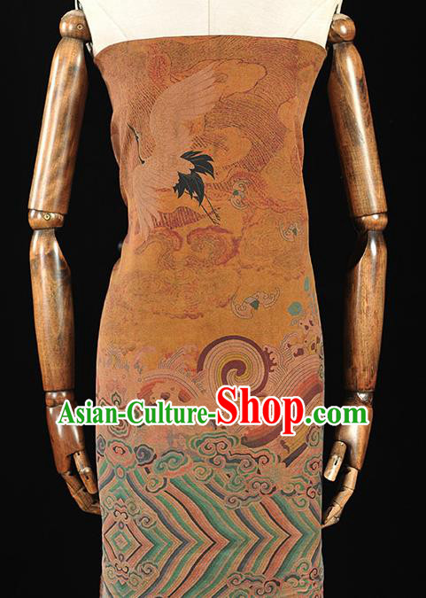 Chinese Traditional Classical Cranes Pattern Design Khaki Gambiered Guangdong Gauze Asian Brocade Silk Fabric