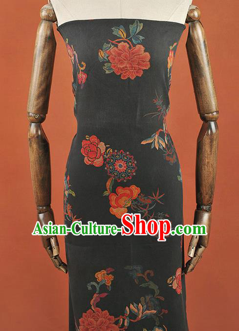 Chinese Traditional Peony Flowers Pattern Design Black Gambiered Guangdong Gauze Asian Brocade Silk Fabric