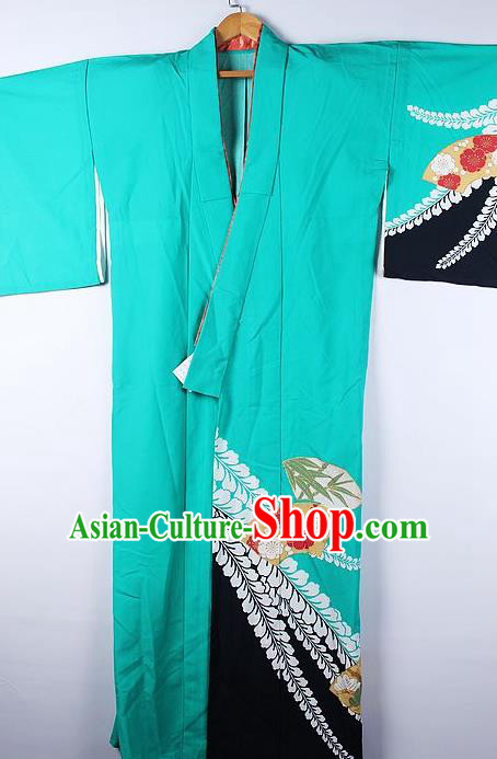 Asian Japanese National Printing Sakura Green Furisode Kimono Ceremony Costume Traditional Japan Yukata Dress for Women