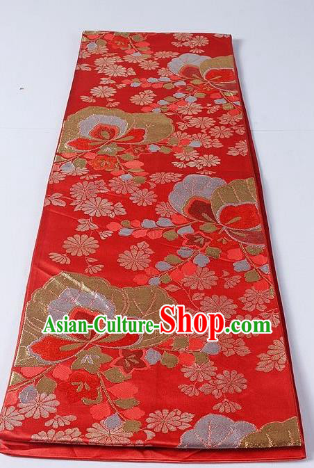 Asian Japanese Yukata Accessories Classical Daisy Pattern Red Brocade Belt Japan Traditional Kimono Waistband for Women