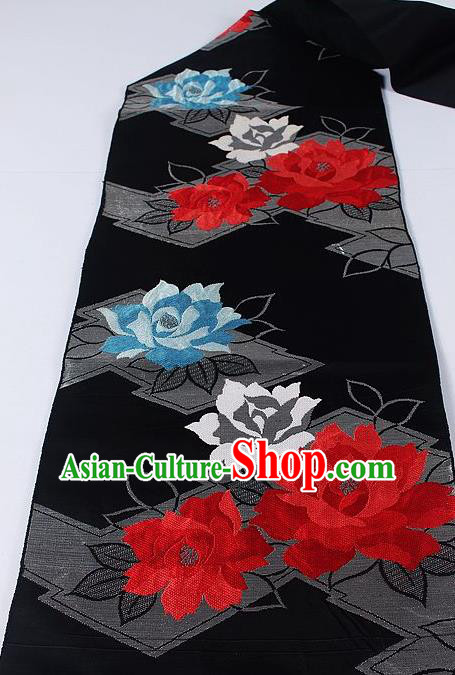 Asian Japanese Yukata Accessories Classical Lotus Pattern Black Brocade Belt Japan Traditional Kimono Waistband for Women