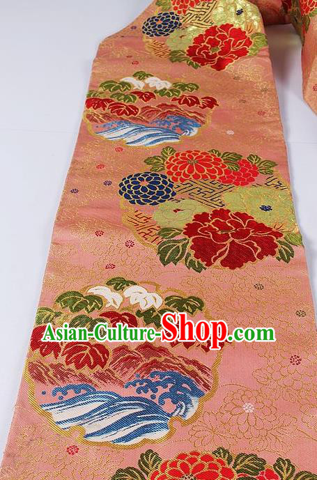 Asian Japanese Kimono Accessories Classical Peony Pattern Orange Brocade Belt Traditional Yukata Waistband for Women