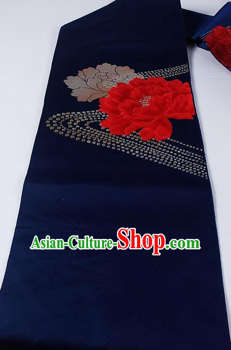 Asian Japanese Kimono Accessories Classical Peony Pattern Royalblue Brocade Belt Traditional Yukata Waistband for Women