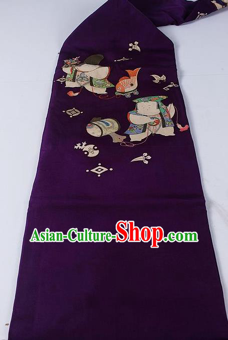 Asian Japanese Classical Boys Pattern Purple Brocade Waistband Kimono Accessories Traditional Yukata Belt for Women