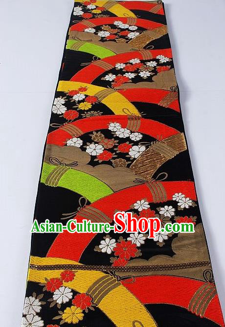 Asian Japanese Yukata Accessories Classical Daisy Pattern Black Brocade Belt Japan Traditional Kimono Waistband for Women