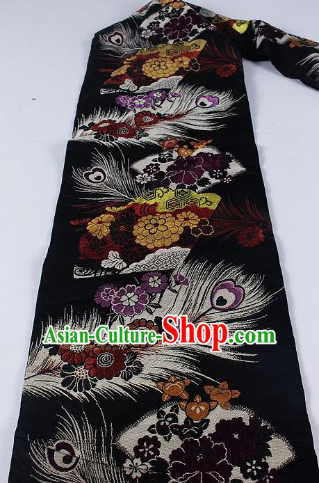 Asian Japanese Classical Feather Chrysanthemum Pattern Black Brocade Waistband Kimono Accessories Traditional Yukata Belt for Women