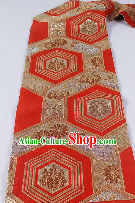 Asian Japanese Classical Hexagon Pattern Red Brocade Waistband Kimono Accessories Traditional Yukata Belt for Women