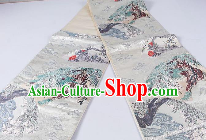 Asian Japanese Classical Pine Pattern White Brocade Waistband Kimono Accessories Traditional Yukata Belt for Women