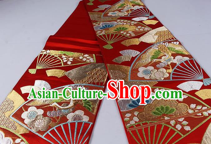 Asian Japanese Classical Crane Fan Pattern Red Brocade Waistband Kimono Accessories Traditional Yukata Belt for Women
