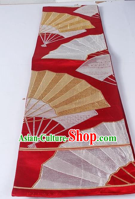 Asian Japanese Yukata Accessories Classical Fan Pattern Wine Red Brocade Belt Japan Traditional Kimono Waistband for Women