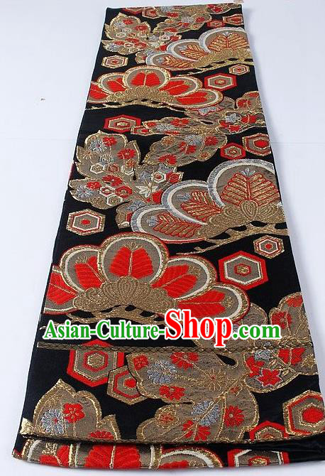 Asian Japanese Yukata Accessories Classical Maple Leaf Pattern Black Brocade Belt Japan Traditional Kimono Waistband for Women