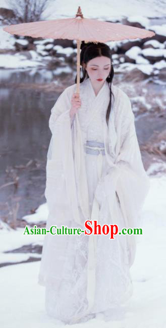 Chinese Ancient Jin Dynasty Imperial Princess White Hanfu Dress Traditional Court Lady Embroidered Replica Costume for Women