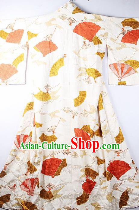 Asian Japanese National Printing Fan White Furisode Kimono Ceremony Costume Traditional Japan Yukata Dress for Women
