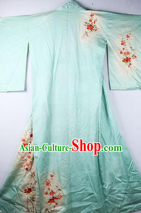 Asian Japanese National Printing Plum Blue Furisode Kimono Ceremony Costume Traditional Japan Yukata Dress for Women