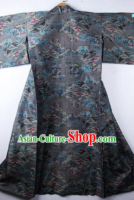 Asian Japanese Printing Grey Furisode Kimono Ceremony Costume Traditional Japan Yukata Dress for Women