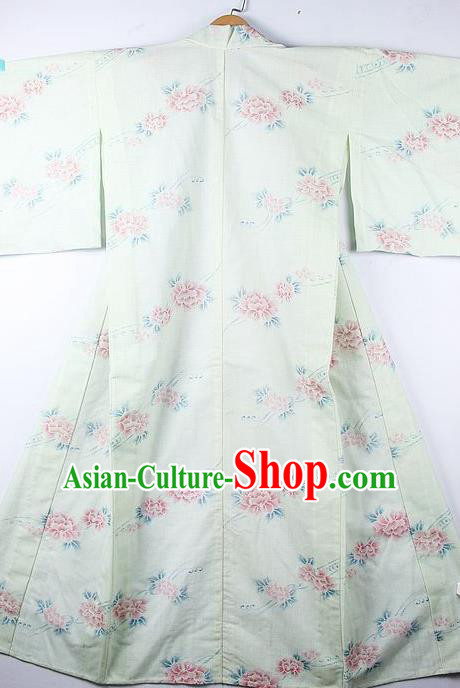 Asian Japanese Printing Peony Green Furisode Kimono Ceremony Costume Traditional Japan Yukata Dress for Women