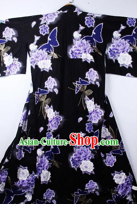 Asian Japanese Classical Purple Peony Pattern Furisode Kimono Ceremony Costume Traditional Japan Yukata Dress for Women