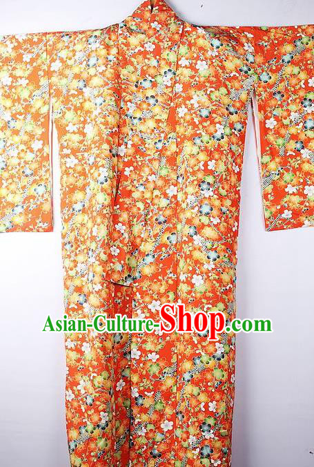 Asian Japanese National Printing Sakura Orange Furisode Kimono Ceremony Costume Traditional Japan Yukata Dress for Women