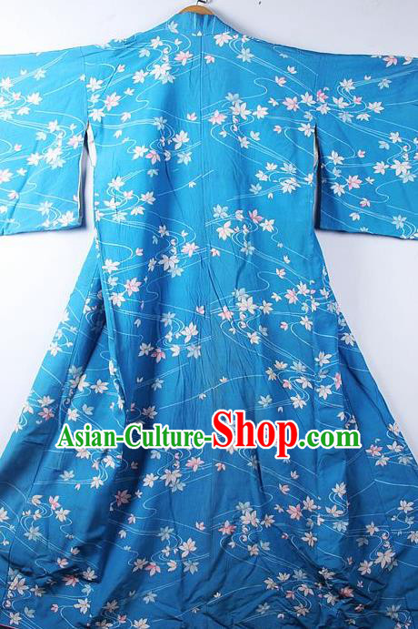 Asian Japanese Classical Leaf Pattern Blue Furisode Kimono Ceremony Costume Traditional Japan Yukata Dress for Women