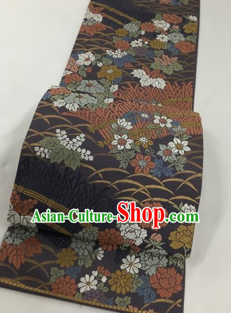 Japanese Traditional Classical Primrose Pattern Brown Waistband Kimono Brocade Accessories Asian Japan Yukata Belt for Women