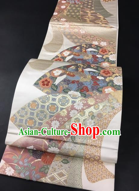 Japanese Traditional Classical Cornflower Crane Pattern Waistband Kimono Brocade Accessories Asian Japan Yukata Belt for Women
