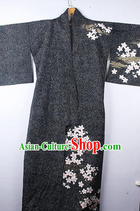 Asian Japanese Palace Pentas Pattern Black Furisode Kimono Traditional Japan Yukata Dress for Women