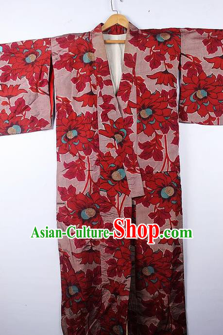 Asian Japanese Palace Red Camellia Pattern Furisode Kimono Traditional Japan Yukata Dress for Women