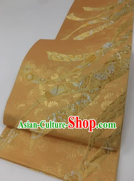 Japanese Traditional Classical Butterfly Pattern Golden Waistband Kimono Brocade Accessories Asian Japan Yukata Belt for Women
