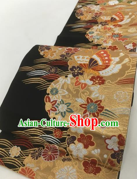 Japanese Traditional Classical Butterfly Pattern Black Waistband Kimono Brocade Accessories Asian Japan Yukata Belt for Women