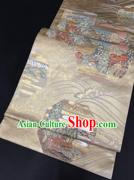 Japanese Traditional Classical Pattern Light Golden Waistband Kimono Brocade Accessories Asian Japan Yukata Belt for Women