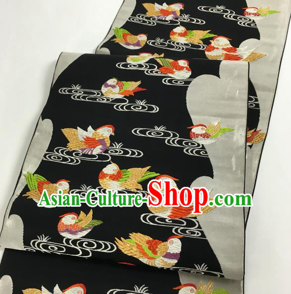 Japanese Traditional Classical Mandarin Duck Pattern Black Waistband Kimono Brocade Accessories Asian Japan Yukata Belt for Women