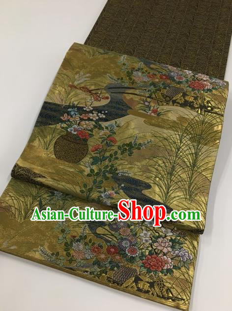 Japanese Traditional Classical Cornflower Peony Pattern Olive Green Waistband Kimono Brocade Accessories Asian Japan Yukata Belt for Women