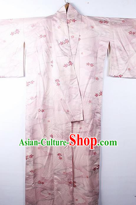 Asian Japanese Palace Classical Maple Leaf Pattern Pink Furisode Kimono Traditional Japan Yukata Dress for Women
