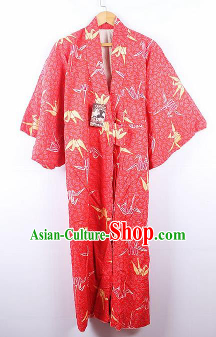 Asian Japanese Ceremony Printing Paper Crane Red Kimono Dress Traditional Japan Yukata Costume for Women