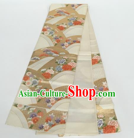 Japanese Traditional Classical Peony Pattern White Waistband Kimono Brocade Accessories Asian Japan Yukata Belt for Women