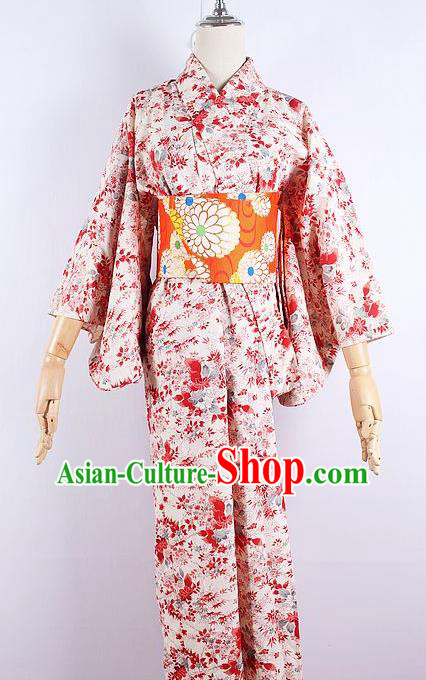 Asian Japanese Ceremony Printing Red Maple Leaf Kimono Dress Traditional Japan Yukata Costume for Women