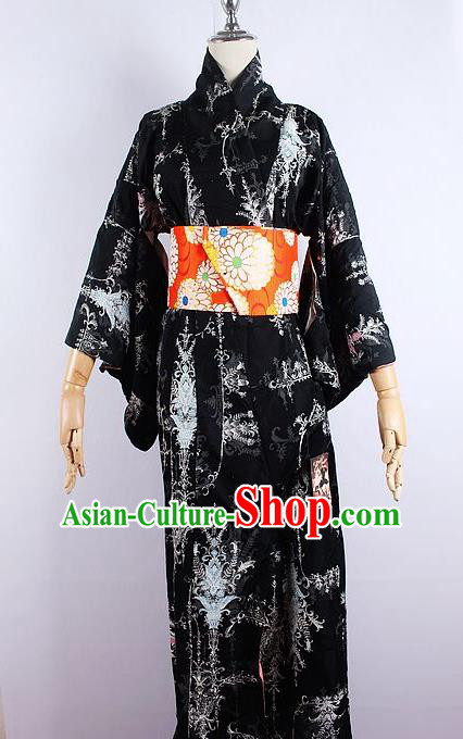 Asian Japanese Ceremony Printing Black Kimono Dress Traditional Japan Yukata Costume for Women